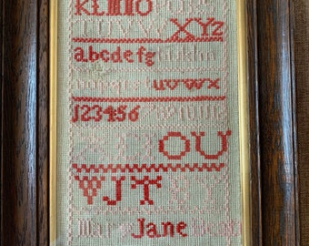 Beautiful! Original Antique Sampler Embroidery in Oak Wooden Frame