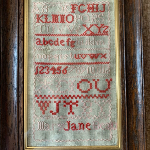 Beautiful! Original Antique Sampler Embroidery in Oak Wooden Frame