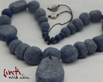 Handmade Primitive Look Blue / Gray Stone-Like Pendant & Bead Necklace - N127