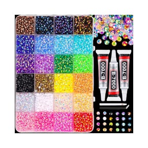 May include: A craft kit with a variety of colorful rhinestones in a divided container. Includes tubes of B-7000 adhesive and a small applicator. The rhinestones are in shades of brown, blue, purple, green, yellow, and pink.