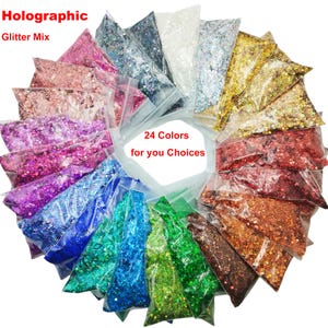 Holographic Laser Chunky Glitter Mix Hexagon Flake Shape Sequin,24Color Cosmetic Nail Glitter for DIY Nail Art,Body,Makeup,Craft,Face,Slime