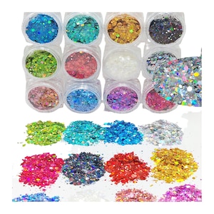 Holographic Metallic Chunky Hexagon Glitter Mix Sequin Flake,12Color Mermaid Glitter,Nail Art,Face,Hair,Make up,Craft,Festival,Slime,Tumbler