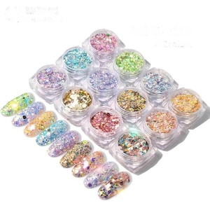 Mélange de paillettes de sirène holographique, 12 couleurs, forme de paillettes d'éclats de flocons hexagonaux irréguliers pour le bricolage, l'art d'ongles, l'artisanat, le maquillage, la peinture sur visage, le slime, le gobelet