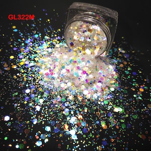9COLORS Iridescent Rainbow White Glitter Mix Sparkling Luster Hexagon Shape Nail Art for Craft Deco Makeup Facepainting DIY Accessories JAR