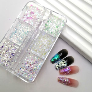 6 Grids Iridescent White Irregular Flake Chunky Glitter Sparkling Luster Shape Nail Art for Craft Deco Makeup Facepaint DIY Decorations