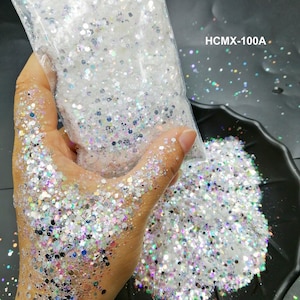 Couleur blanc arc-en-ciel irisé Mélange de paillettes épaisses en forme hexagonale de paillettes de sirène pour l'art d'ongles, maquillage à faire soi-même, peinture pour visage, gobelet, résine, artisanat