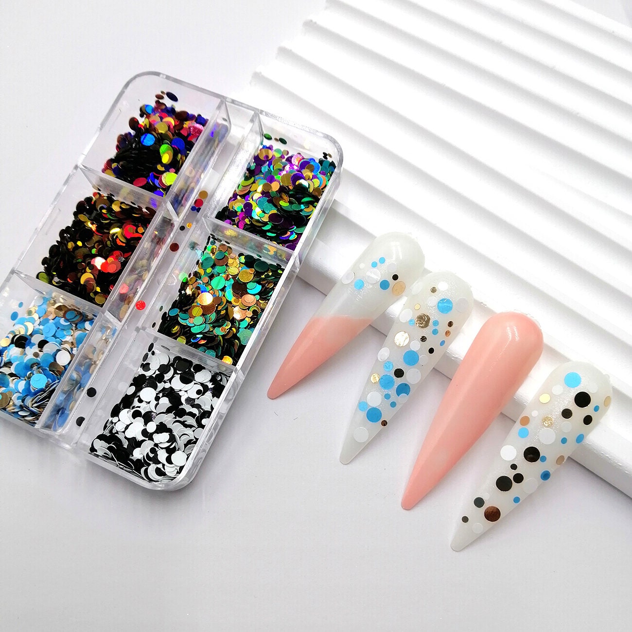 6 Grids Holographic Colorful Circle Round Dots Glitter Mix Chunky Sequin Flake Shape for DIY Facepaint Nail Art Body Makeup Decorations
