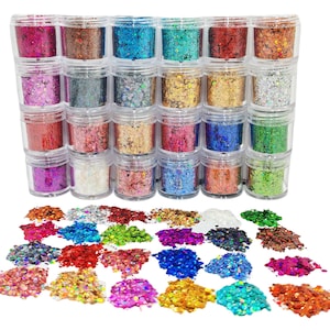 Holographic Iridescent 24Color of Set Chunky Hexagon Laser Glitter Mix Flake Shape Sequins for DIY Nail Art,Face,Festival,Slime,Tumbler