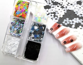 6Grid 4MM Plum Blossom Flower Nail Glitter Chunky Sequin Flake Paillette Shape for DIY Facepaint Nail Art Body Makeup Craft Decoration