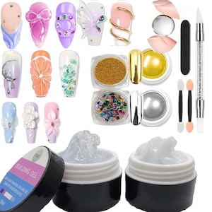 Solid Hard Builder Gel for Nail Extension,Non-Stick 3D Carving Gel Set,DIY Manicure Kit with Clear&White Chrome Powder,Rhinestone Glue Tool