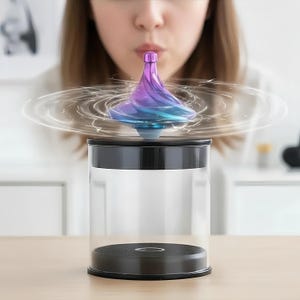 May include: A spinning top with a gradient of purple and blue hues is suspended above a black and clear cylindrical base. The top is spinning, creating a visual effect of motion. The base has a black top and bottom.