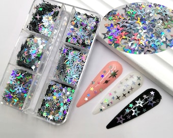 6 Grids Holographic Rainbow Silver Octagonal Hollow Star Glitter Mix Chunky Sequin Flake Shape forDIY Facepaint Nail Art Body Makeup Deco