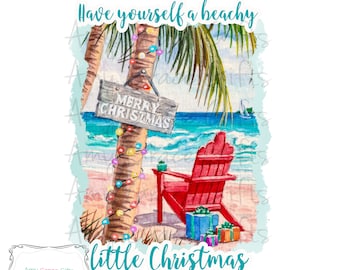Puede incluir: Una ilustración de acuarela de una escena de playa con una palmera decorada con luces de Navidad, una silla Adirondack roja y un cartel que dice "Feliz Navidad". El texto "Have yourself a beachy little Christmas" está escrito en azul turquesa.