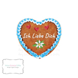 May include: A heart-shaped gingerbread cookie decorated with blue and white frosting. The cookie has three red hearts and a white edelweiss flower on it. The cookie says "Ich Liebe Dich" in white lettering.