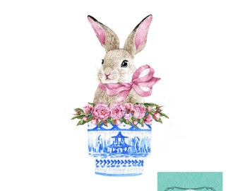 Bunny Ginger Jar, Chinoiserie , Spring Easter, Clipart, Instant Download, Printable Art, Sublimation, PNG