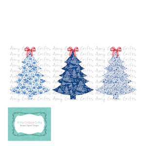 Blue Chinoiserie Christmas Tree Trio, clipart, instant download, afdrukbare kunst, sublimatie, png