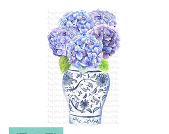 Blue Hydrangea Ginger Jar, Chinoiserie, Digital Design, Printable Art, Sublimation, PNG, Instant Download
