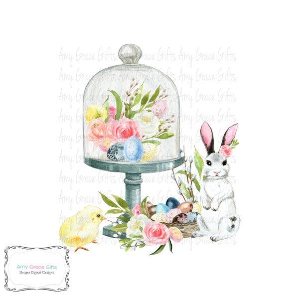 Easter Cloche Floral Bunny, Spring, Clipart, Instant Download, Printable Art, Sublimation, PNG