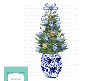Christmas Tree Ginger Jar Chinoiserie - Clipart, Instant Download, Printable Art, Sublimation, PNG