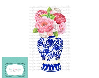 Ginger Jar White Peony Chinoiserie, Digital Design, Printable Art, Sublimation, PNG, Instant Download