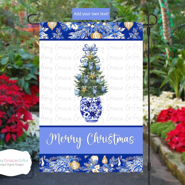 Christmas Blue Tree Ginger Jar Chinoiserie Flag, Sublimation, PNG