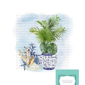Tarro de jengibre con estilo chinoiserie costero tropical, diseño digital, sublimación, PNG, descarga instantánea, arte imprimible