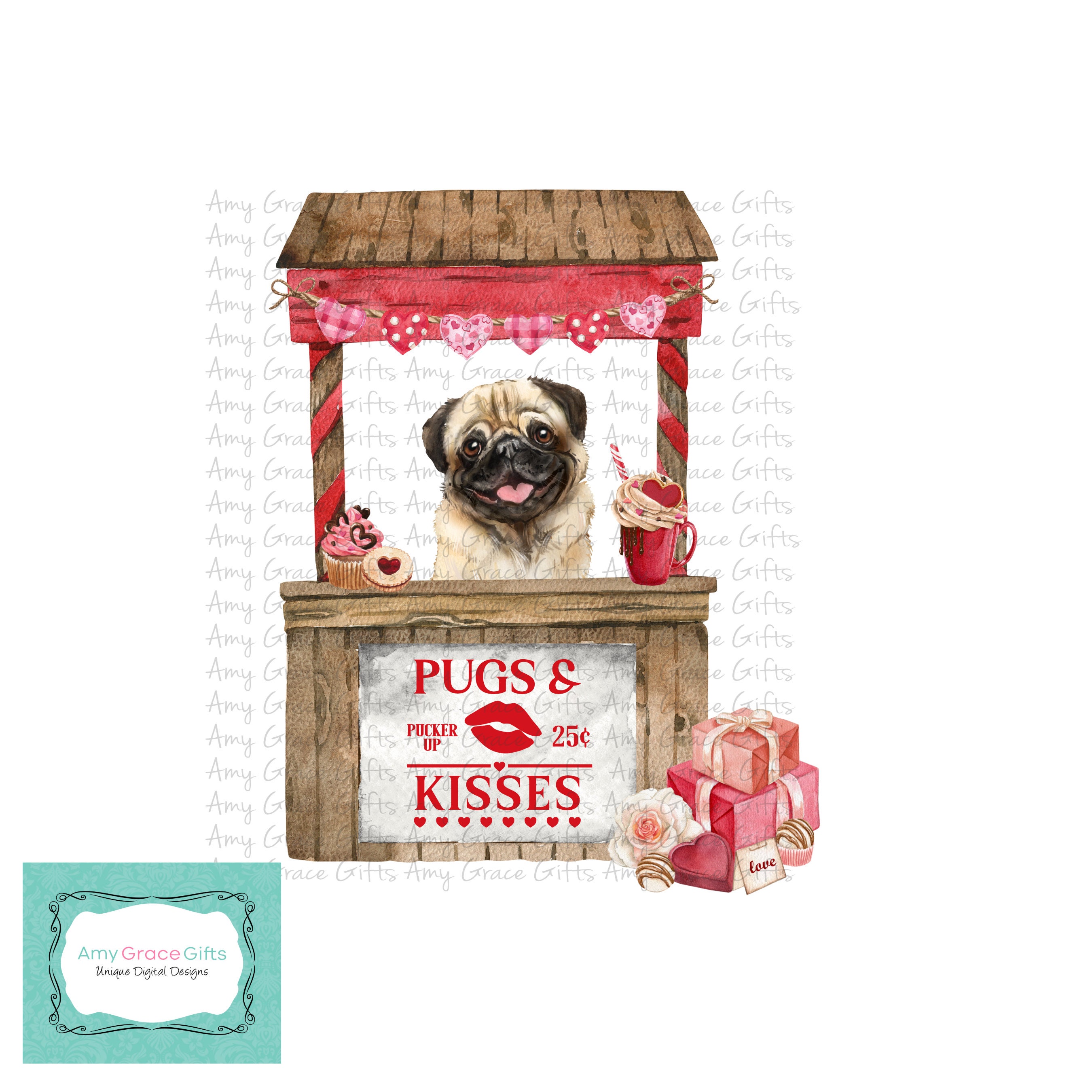 Kissing Booth Pugs & Kisses, Clipart, Sublimation, PNG