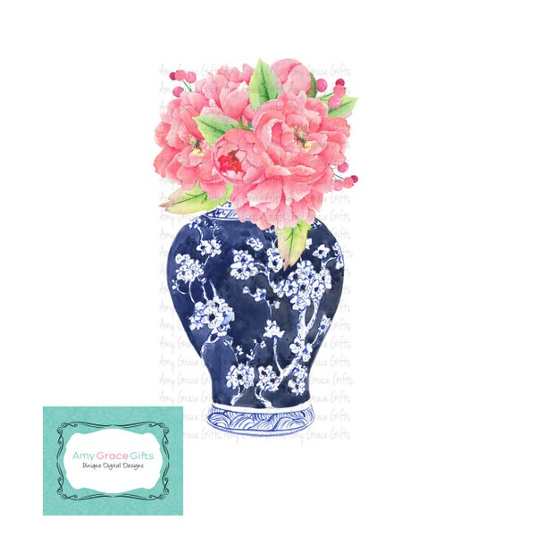 Ginger Jar Navy Peony Chinoiserie, Digital Design, Printable Art, Sublimation, PNG, Instant Download