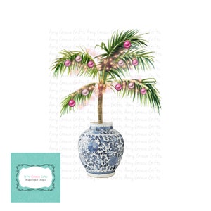 Christmas Palm Tree Pink Chinoiserie - Tropical Coastal Clipart, Instant Download, Printable Art, Sublimation, PNG
