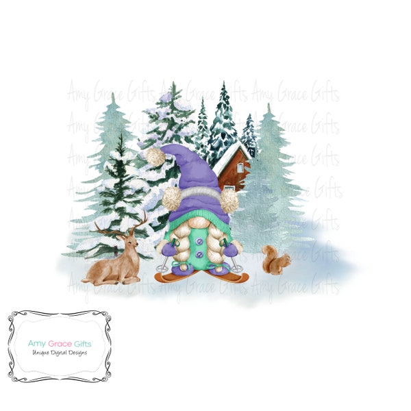 Gnome Ski Girl, Winter, Clipart, Digital Design, Instant Download, Printable Art, Sublimation, PNG