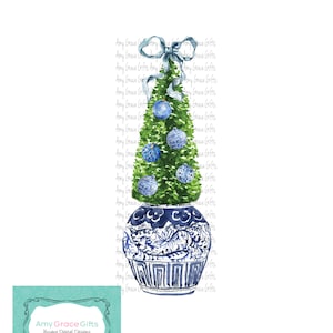 Christmas Tree Ginger Jar Chinoiserie Blue, Topiary, Clipart, Instant Download, Printable Art, Sublimation, PNG