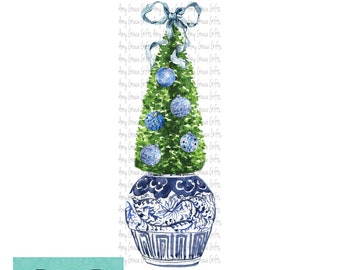 Christmas Tree Ginger Jar Chinoiserie Blue, Topiary, Clipart, Instant Download, Printable Art, Sublimation, PNG