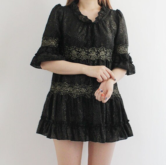 vintage black and gold lace ruffle mini dress / b
