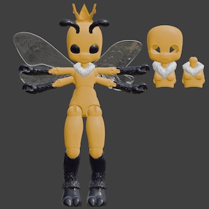 May include: A yellow and black bee-themed doll with a crown, wings, and articulated limbs. The doll is posed with its arms outstretched. The image also shows separate pieces of the doll, including the head, torso, and legs.