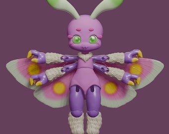 May include: A pink and purple toy with butterfly wings, four arms, and green eyes. The toy has a furry white trim on its legs and arms.