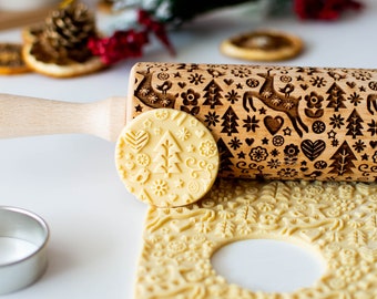 Christmas folk  - Embossing rolling pin, Cookies decorating roller, Laser engraved rolling pin