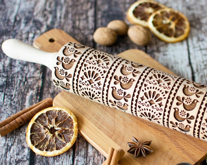 Mexican folk pattern - Embossing rolling pin, Cookies decorating roller, Laser engraved rolling pin
