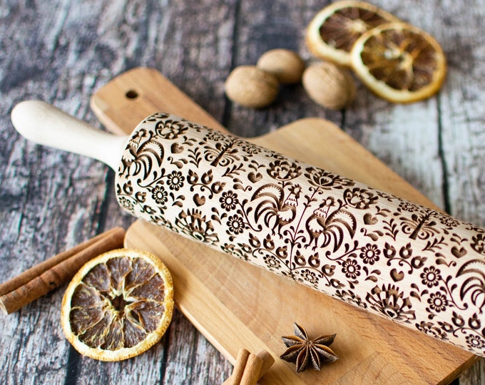 Polish Floral pattern - Embossing rolling pin, Cookies decorating roller, Laser engraved rolling pin