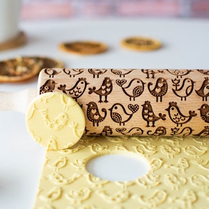 Folk Art Birds - Embossing rolling pin, Cookies decorating roller, Laser engraved rolling pin