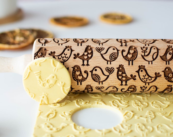 Folk Art Birds - Embossing rolling pin, Cookies decorating roller, Laser engraved rolling pin