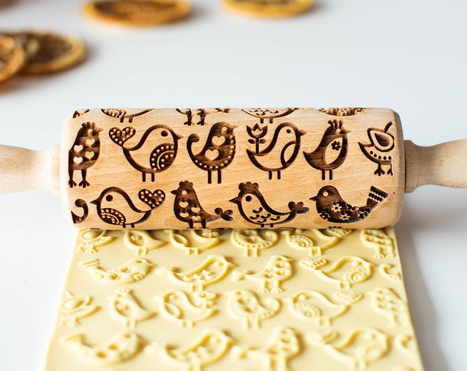 Folk Art Birds - Mini Rolling Pin, Embossing rolling pin, Laser engraved rolling pin, Cookies decorating roller