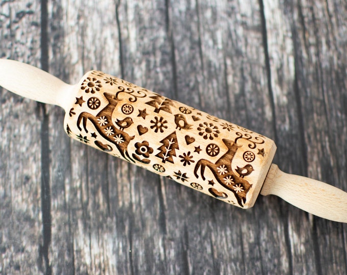 Christmas folk - Mini Rolling Pin, Embossing rolling pin, Laser engraved rolling pin, Cookies decorating roller