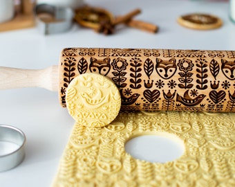 Scandinavian pattern - Embossing rolling pin, Cookies decorating roller, Laser engraved rolling pin