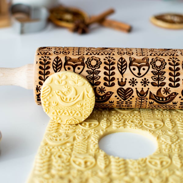 Scandinavian pattern - Embossing rolling pin, Cookies decorating roller, Laser engraved rolling pin