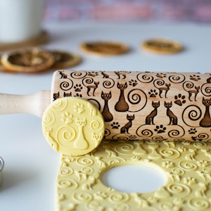 Black cats - Embossing rolling pin, Cookies decorating roller, Laser engraved rolling pin