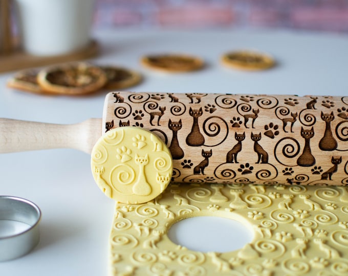 Black cats - Embossing rolling pin, Cookies decorating roller, Laser engraved rolling pin