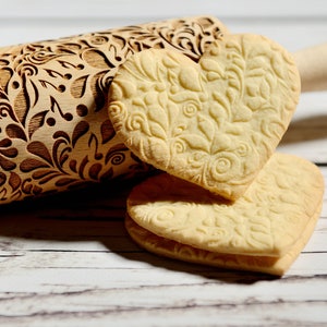 Embossing rolling pin - Flowers with musical notes, Cookies decorating roller, Laser engraved rolling pin