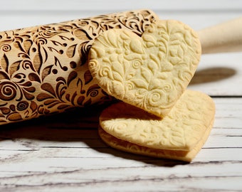 Embossing rolling pin - Flowers with musical notes, Cookies decorating roller, Laser engraved rolling pin
