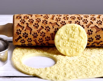 Dogs paws and bones - Embossing rolling pin, Cookies decorating roller, Laser engraved rolling pin