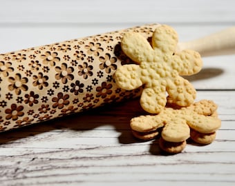 Embossing rolling pin - Meadow full of flowers, Cookies decorating roller, Laser engraved rolling pin